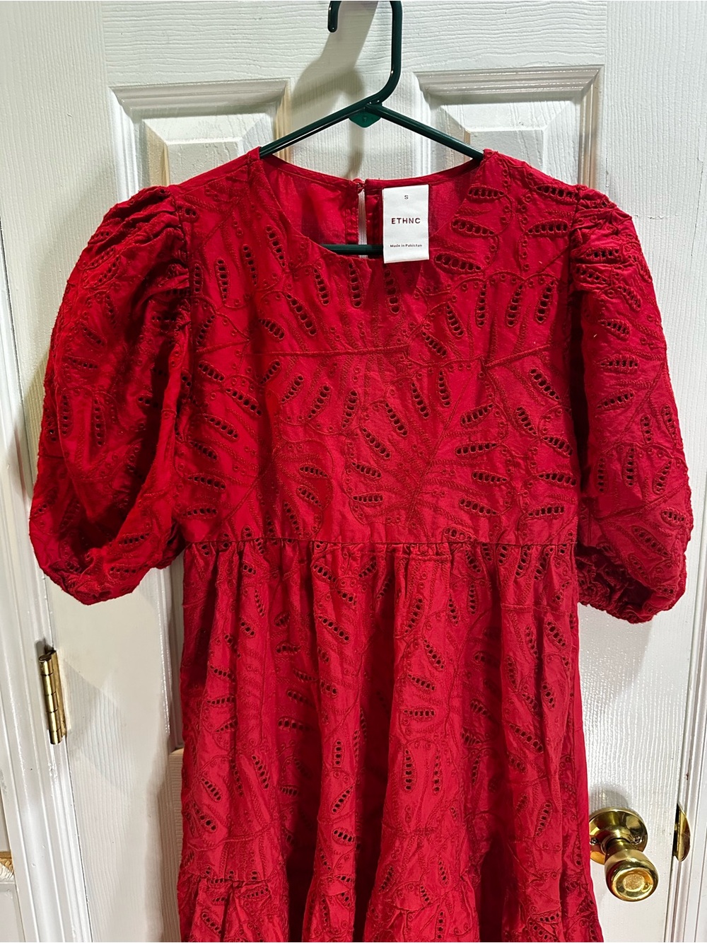 ETHNC Red Eyelet Layered Midi Dress Puff Sleeves Small - Picture 3 of 9